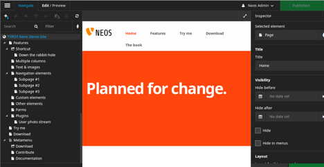 TYPO3 Neos Panou de admistrare